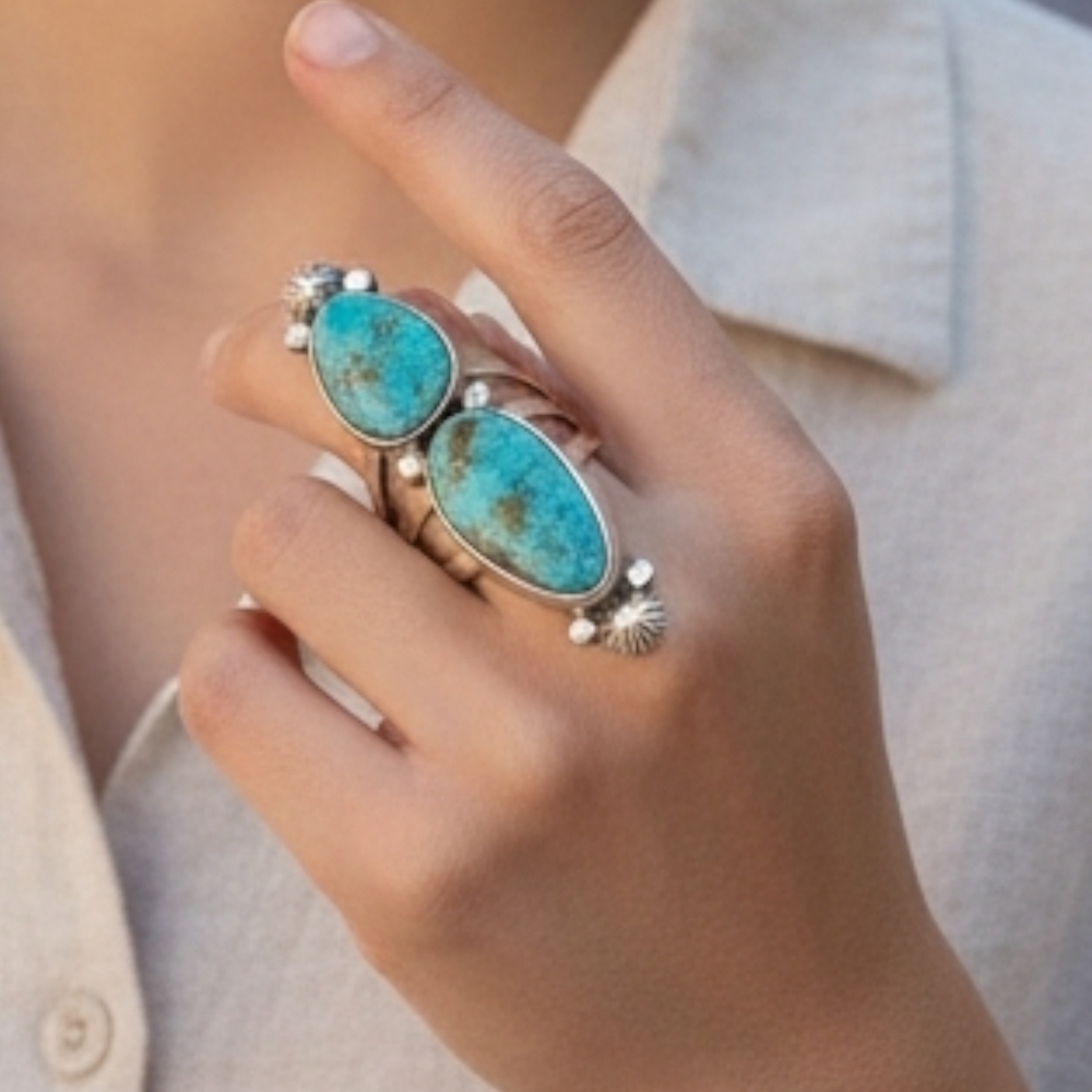 ✨️Signed Apache Double Decker Turquoise Sterling Silver Ring!